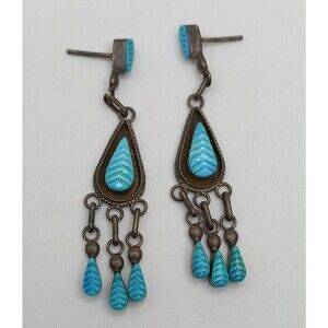 Zuni Handmade Turquoise Post Dangle Earrings Set In Sterling Silver
